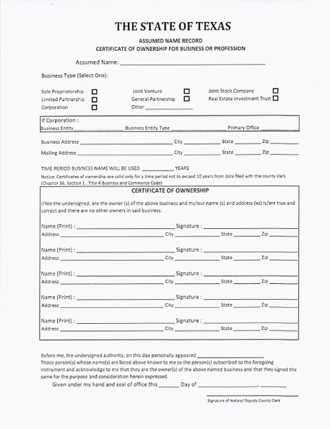 Assumed Name Form, Hudspeth County form, first page