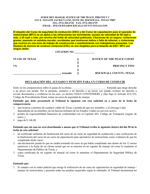 Defendant's Declaration, Rockwall County form, first page