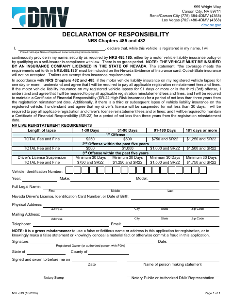 NVL-019 Declaration of Responsibility first page