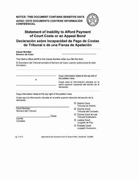 First page of the Statement of Inability to Afford Payment of Court Costs or an Appeal Bond