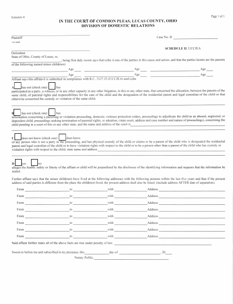 Schedule II UCCJEA Affidavit, Lucas County form, first page