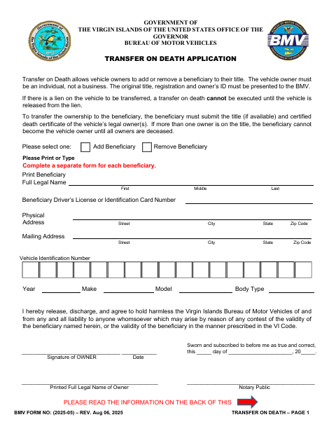 BMV Form 2025-05 Transfer on Death Application first page