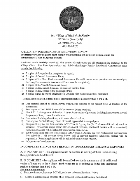 First page of the Application For Site Plan Or Subdivision Review