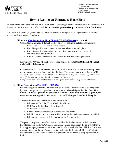 How to Register an Unattended Home Birth DOH 422-121 first page