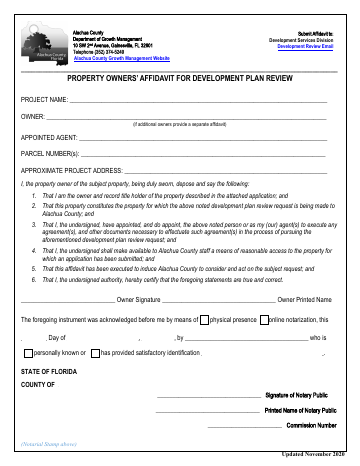 Property Owners' Affidavit for Development Plan Review — Alachua County form, first page