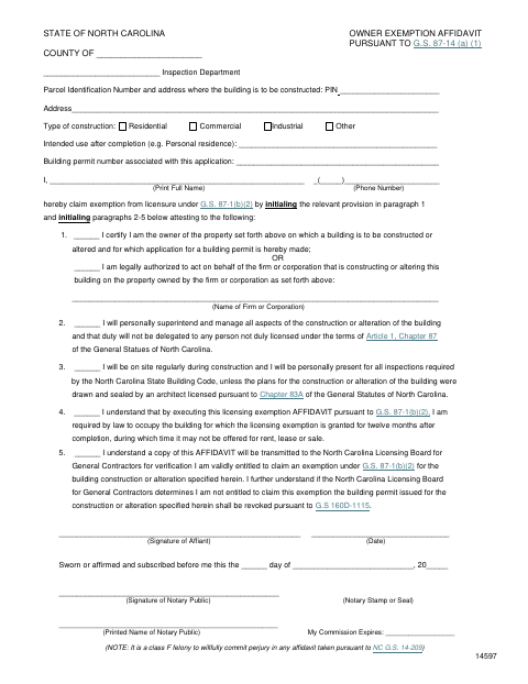 Owner Exemption Affidavit, Iredell County form, first page