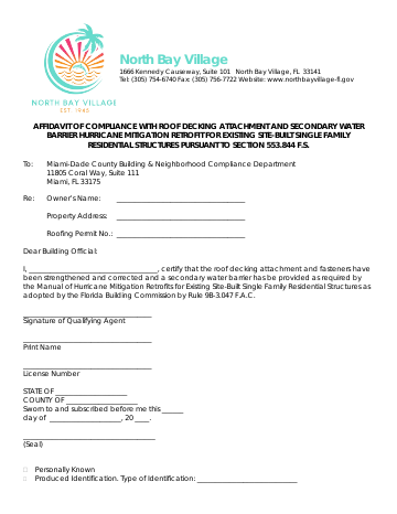 First page of the Affidavit of Compliance with Roof Decking Attachment and Secondary Water Barrier