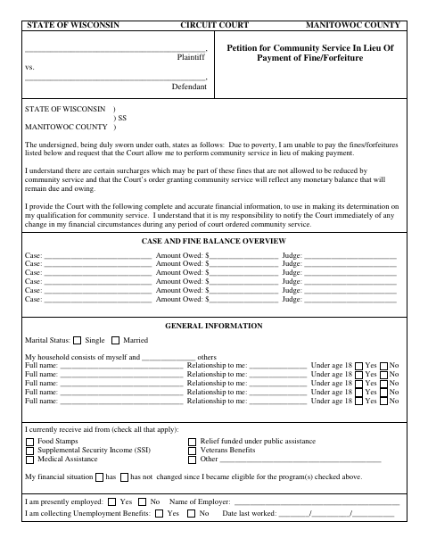 Petition for Community Service in Lieu of Payment of Fine/Forfeiture, Manitowoc County form, first page