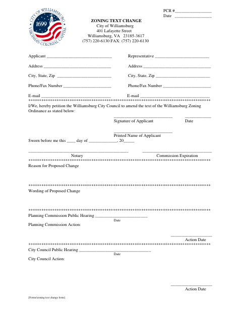Zoning Text Change, City of Williamsburg form, first page