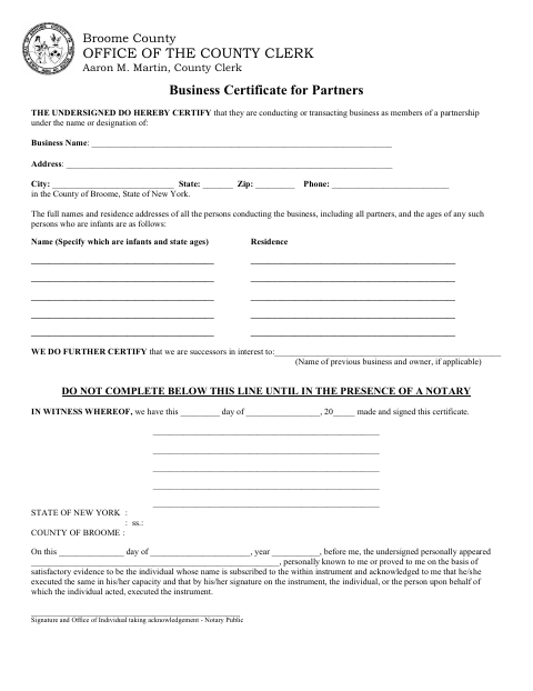Business Certificate for Partners, Broome County form, first page