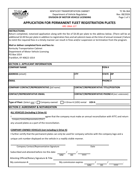 TC 96-364 Application for Permanent Fleet Registration Plates first page