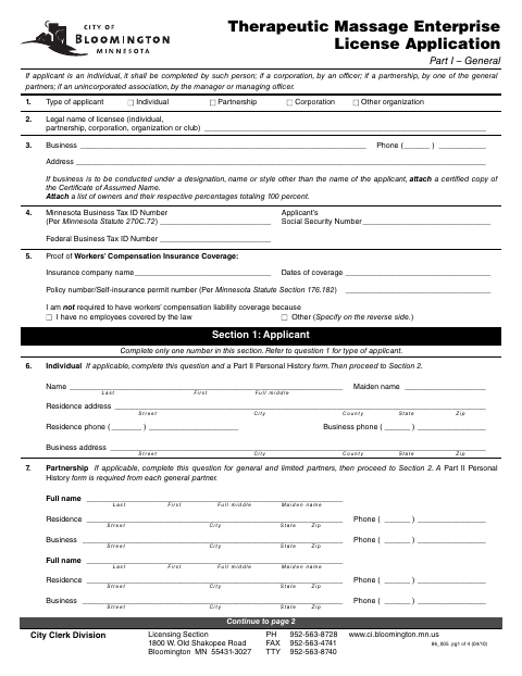 First page of the Therapeutic Massage Enterprise License Application