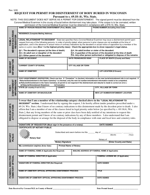 Request for Permit for Disinterment of Body Buried in Wisconsin, Kenosha County form, first page