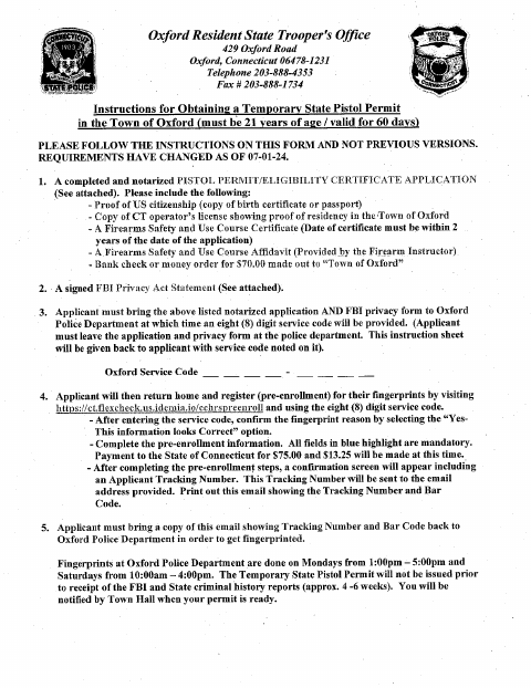 First page of the Temporary State Pistol Permit Application