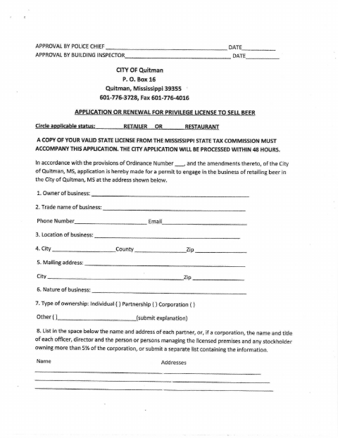 First page of the Beer License Application and Restaurant Affidavit