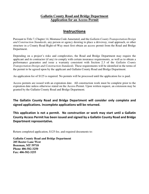 First page of the Road Access Permit Application