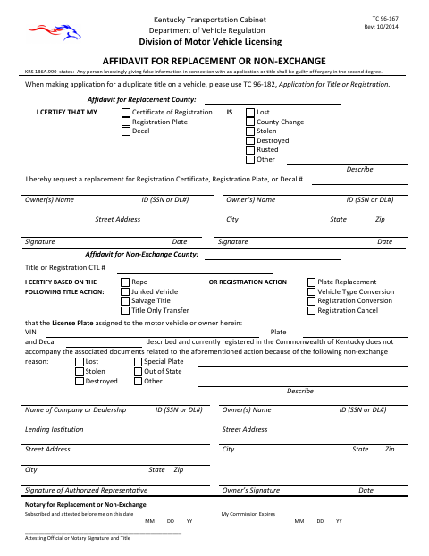 Affidavit for Replacement or Non-Exchange, Daviess County form, first page
