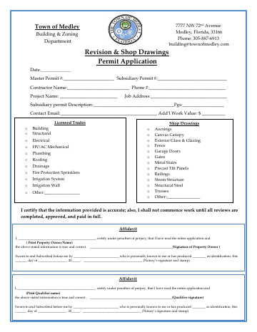 First page of the Revisions and Shop Drawings Permit Application