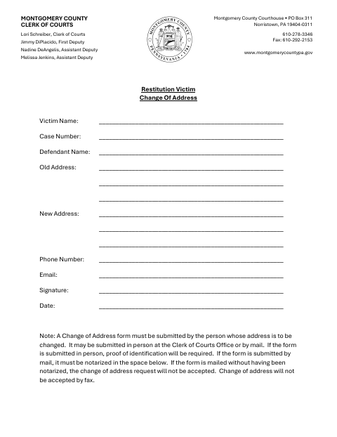 Restitution Victim Change Of Address, Montgomery County form, first page