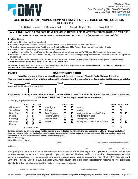 VP-64 Certificate of Inspection and Affidavit of Vehicle Construction first page