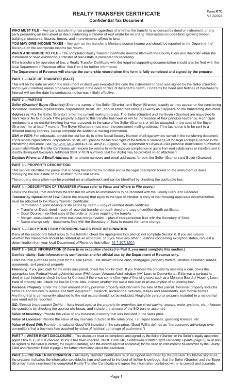 First page of the Realty Transfer Certificate