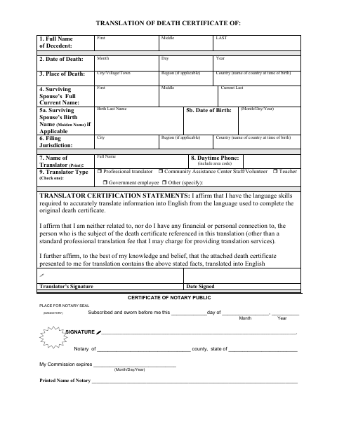 Translation of Death Certificate, Barron County form, first page