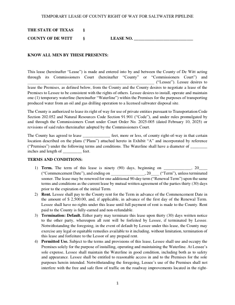 First page of the Temporary Lease of County Right of Way for Saltwater Pipeline