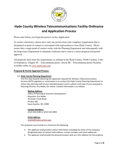 Wireless Telecommunications Facility Application, Hyde County form, first page
