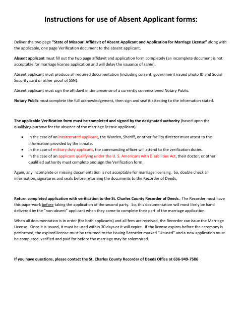Affidavit of Absent Applicant and Application for Marriage License, St. Charles County form, first page