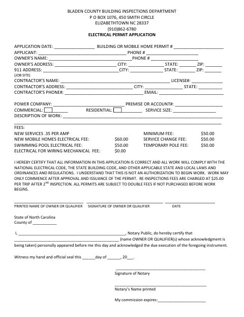 Electrical Permit Application, Bladen County form, first page