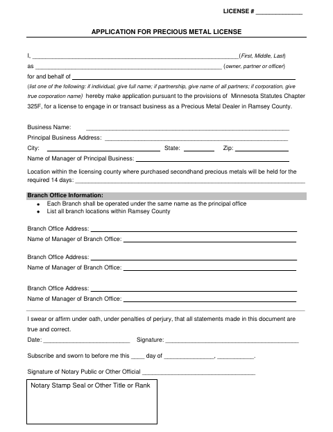 Precious Metal License Application, Ramsey County form, first page
