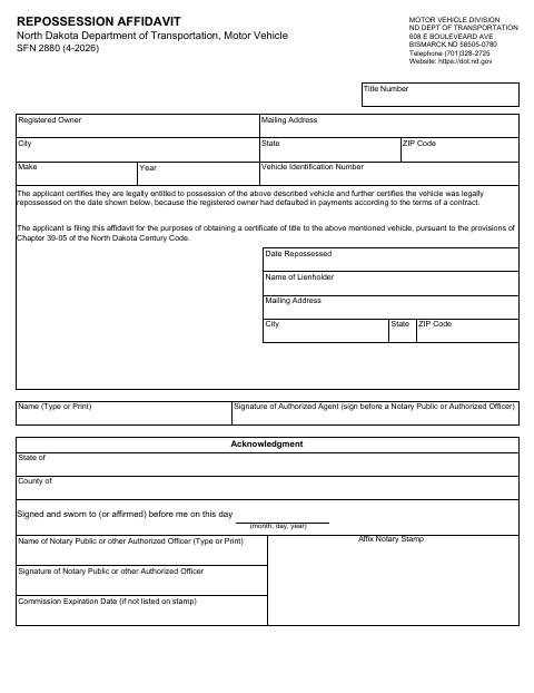 SFN 2880 Repossession Affidavit first page