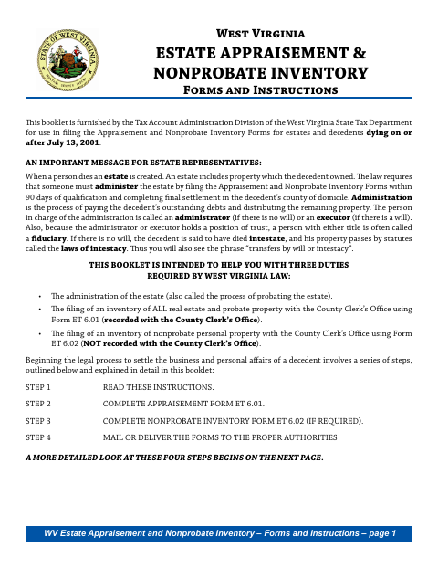 Estate Appraisement and Nonprobate Inventory Forms, Grant County form, first page