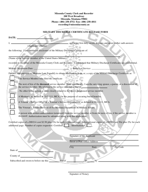 Military Discharge Certificate Release Form, Missoula County form, first page
