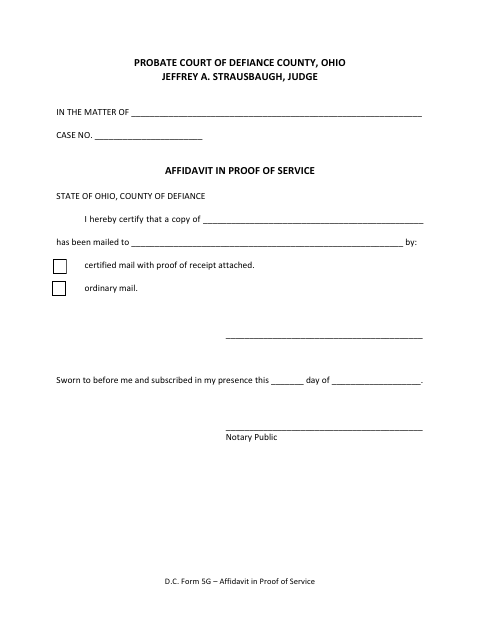 Affidavit in Proof of Service, Defiance County form, first page