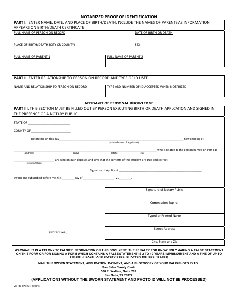 Affidavit for Birth or Death Certificate, San Saba County form, first page