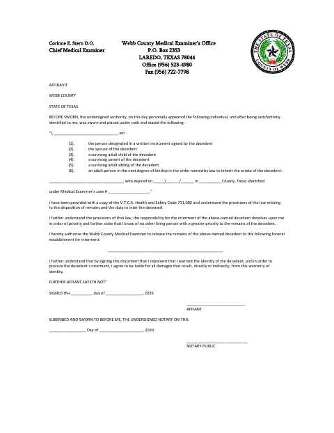 Affidavit for Release of Decedent’s Remains, Webb County form, first page