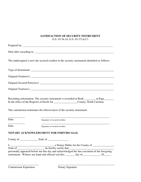 Satisfaction Of Security Instrument, Gaston County form, first page