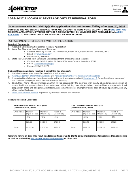 Alcoholic Beverage Outlet Renewal Form, Orleans Parish form, first page
