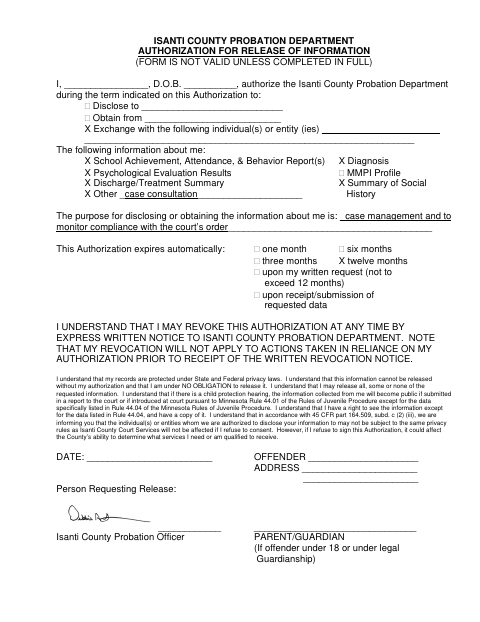 First page of the Authorization for Release of Information