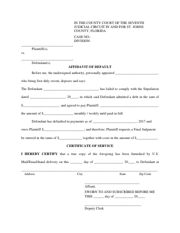 Affidavit of Default — St. Johns County form, first page