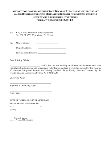 First page of the Affidavit of Compliance with Roof Decking Attachment and Secondary Water Barrier Hurricane Mitigation Retrofit