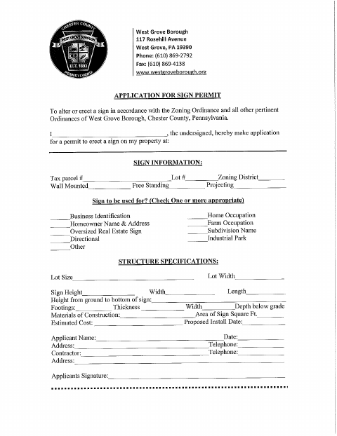 First page of the Application For Sign Permit