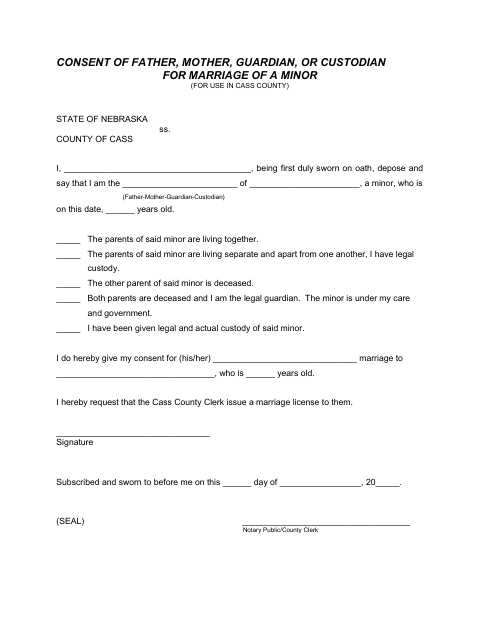 Consent of Parent, Guardian, or Custodian for Marriage of a Minor, Cass County form, first page