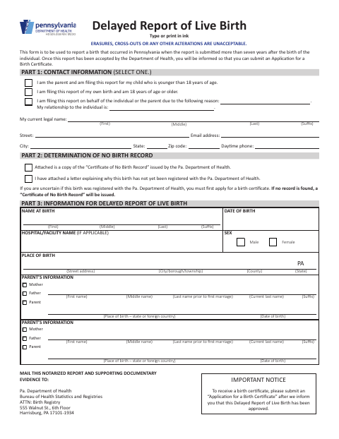 HD105.018 Delayed Report of Live Birth first page