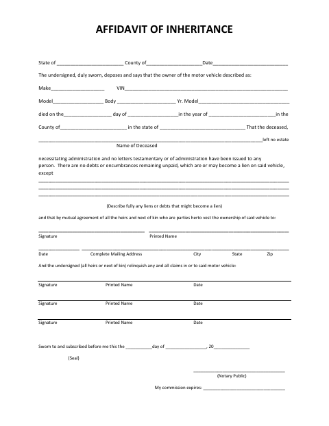 Affidavit of Inheritance, Putnam County form, first page