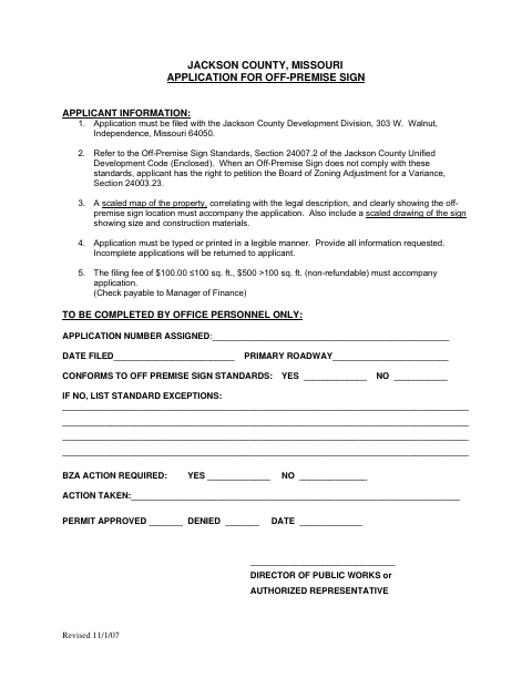 Off-Premise Sign Application, Jackson County form, first page
