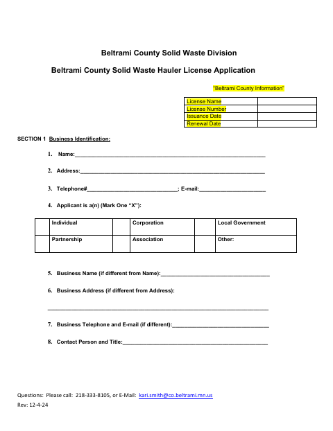 Solid Waste Hauler License Application, Beltrami County form, first page