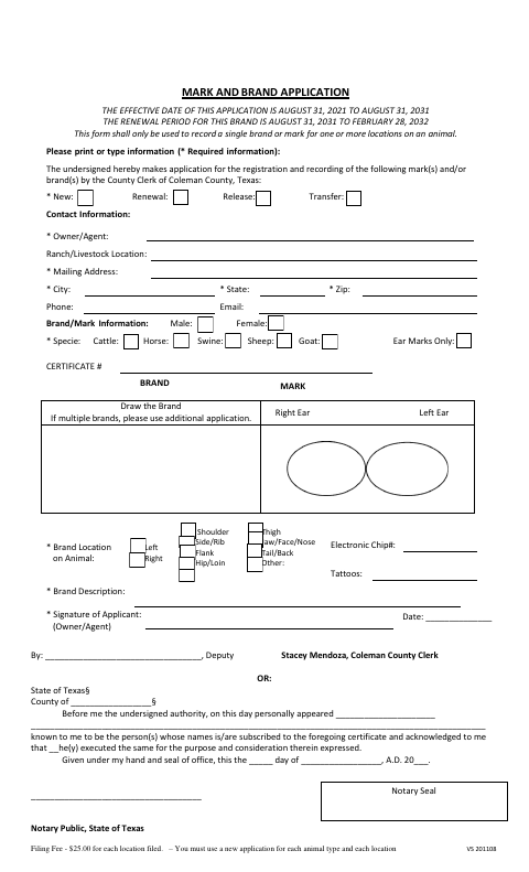 Marks and Brand Application, Coleman County form, first page
