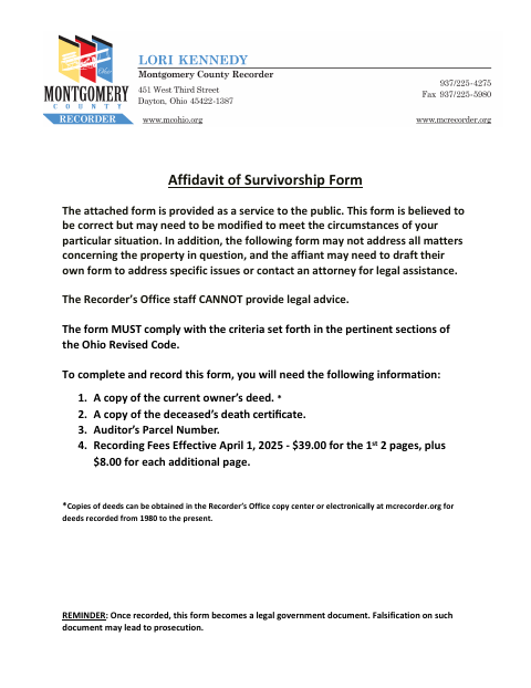 Affidavit Of Survivorship, Montgomery County form, first page